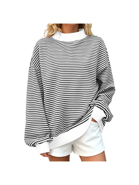 Women's Striped Mock Neck Sweatshirt Long Sleeve Pullover Top Contrast Trim Casual Fall Winter