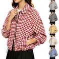 thumbnail image 1 of Aswuknt Womens Checkered Plaid Bomber Jacket Zip Front Lightweight Casual Jacket Long Sleeve Collared Fall Outerwear With Pockets, 1 of 9