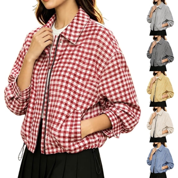 Aswuknt Womens Checkered Plaid Bomber Jacket Zip Front Lightweight Casual Jacket Long Sleeve Collared Fall Outerwear With Pockets