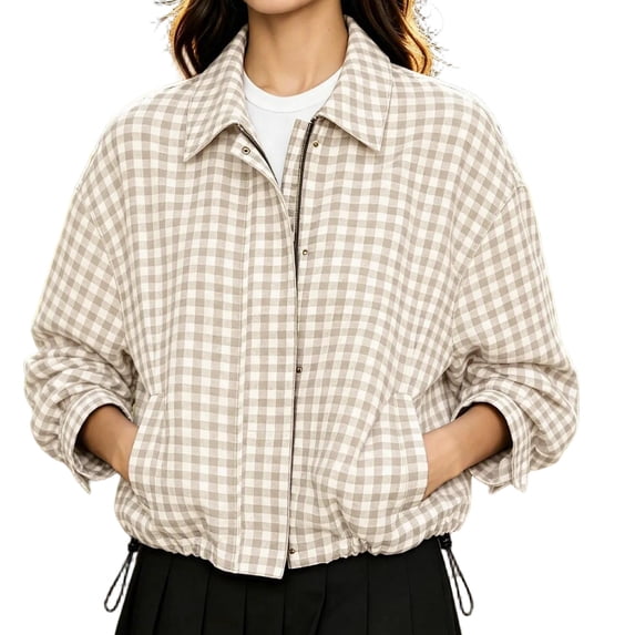 Aswuknt Womens Checkered Plaid Bomber Jacket Zip Front Lightweight Casual Jacket Long Sleeve Collared Fall Outerwear With Pockets