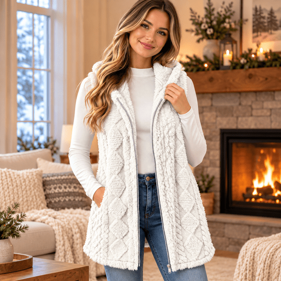 Aswuknt Womens Fleece Hooded Vest Plush Zip Up Sleeveless Jacket Long Vests For Casual Daily Wear Layering Fall Winter Outerwear