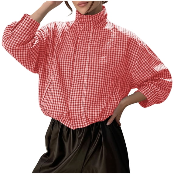 Aswuknt Womens Gingham Bomber Jacket Plaid Oversized Zip Up Stand Collar Casual Coat Spring Fall Cropped Jackets With Pockets