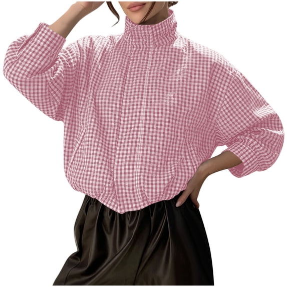 Aswuknt Womens Gingham Bomber Jacket Plaid Oversized Zip Up Stand Collar Casual Coat Spring Fall Cropped Jackets With Pockets