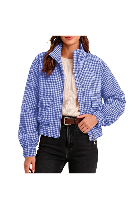 Womens Gingham Cropped Jacket Long Sleeve Zip Up Casual Plaid Coat Fall Bomber Jackets