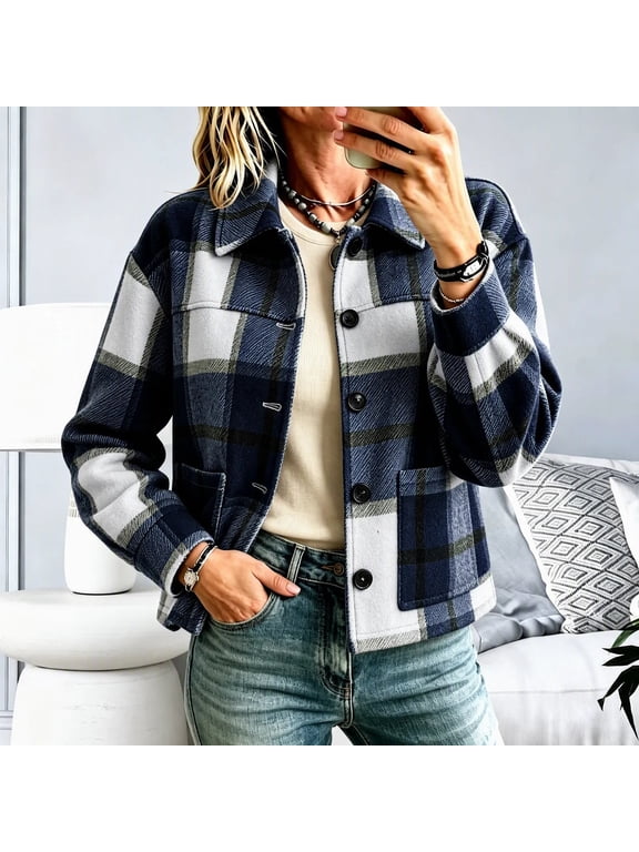 Womens Plaid Shacket Cropped Flannel Shirt Jacket Button Down Collared Long Sleeve Checkered Casual Jacket With Pockets Fall Outerwear