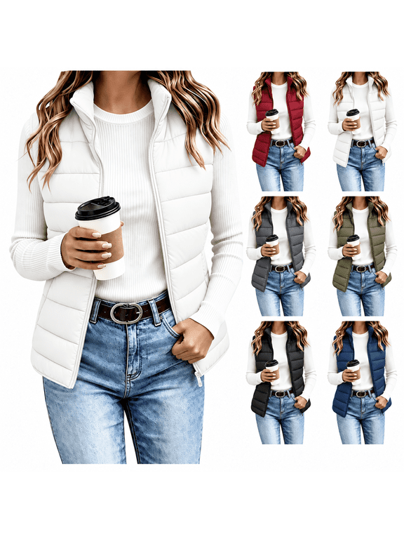Womens Puffer Vest Quilted Sleeveless Stand Collar Full Zip Jackst Lightweight Gilet Outerwear For Fall Winter Casual Daily Wear,Layering