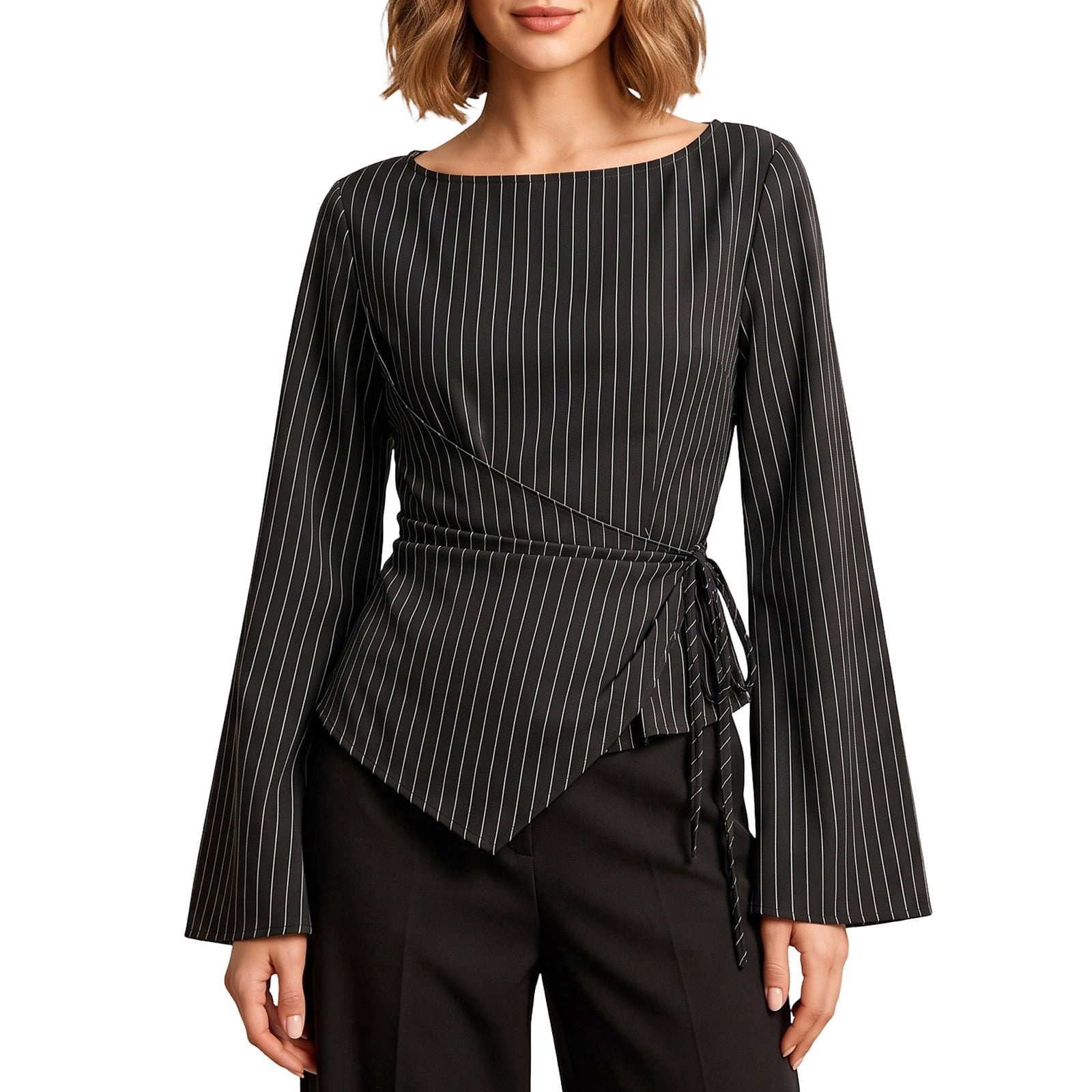 Aswuknt Womens Striped Wrap Blouse Long Sleeve Asymmetrical Hem Top ...