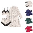 thumbnail image 1 of Asxite Bath Robe Solid Heart Print Bralette Lace Ice Satin Camisole 3 Piece Pajamas for Women Set, 1 of 4