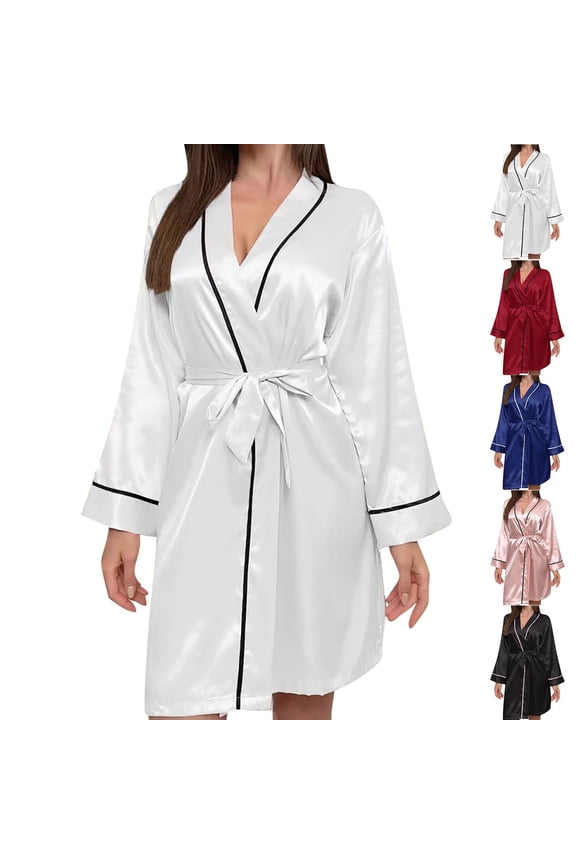 Bath Robe Solid Satin with Black Line Loose Home Robe 2 Piece Pajamas for Women Set