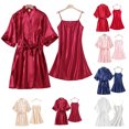 thumbnail image 1 of Asxite Bath Robe Solid V Neck Satin Robe with Nightgown 2 Piece Pajamas for Women Set, 1 of 4