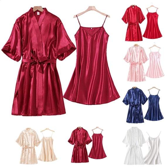 Asxite Bath Robe Solid V Neck Satin Robe with Nightgown 2 Piece Pajamas for Women Set