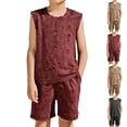 thumbnail image 1 of Asxite Boys 0-12 Years Solid Short Sleeve Crewneck Tops with Pants Vintage Loose 2 Piece Summer Set Red 5-6Years, 1 of 5