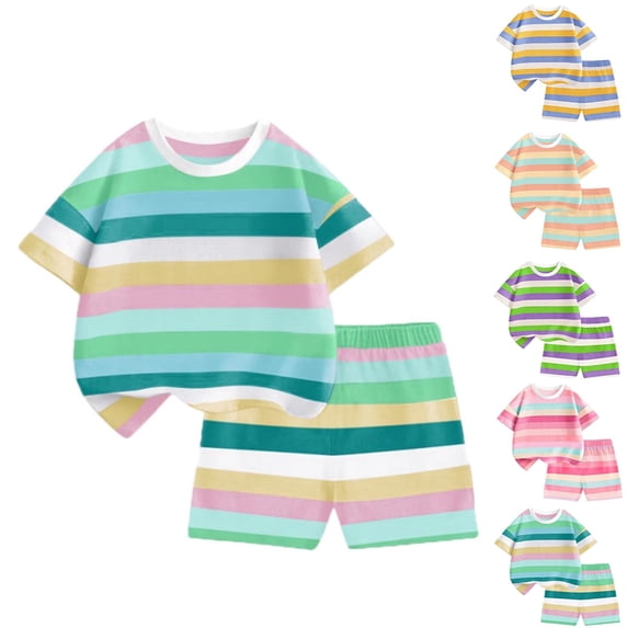 Asxite Boys 1-14 Years Striped Short Sleeve Crewneck Tops with Shorts 2 Piece Set Green 11-12 Years