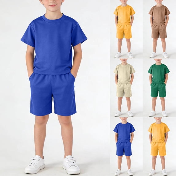 Asxite Boys Girls 1-14 Years Solid Short Sleeve Crewneck Fast Dry Topss with Shorts Active Breathable Set Blue 11-12 Years