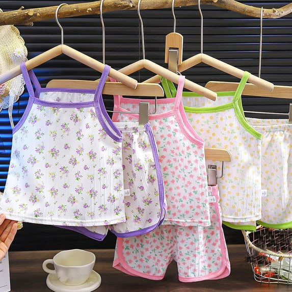 Asxite Girls 0-8 Years Print Floral Sleeveless Tank Topss with Shorts 2 Piece Set Green 4-5Years