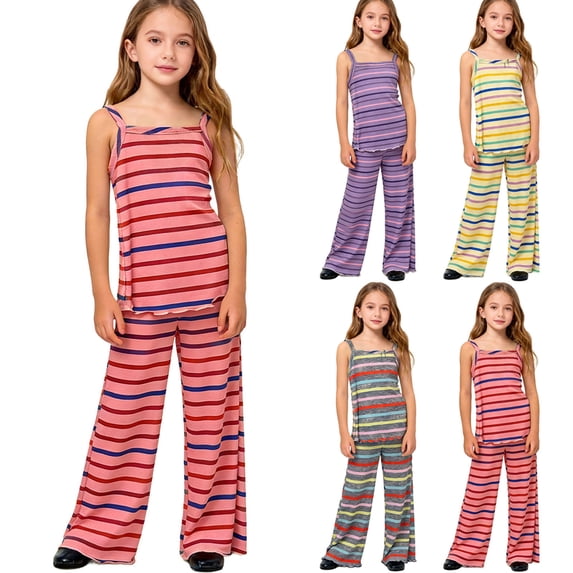 Asxite Girls 1-10 Years Strap Crewneck Striped Tank Top with Flared Pants Casual 2 Piece Set Gray 2-3Years