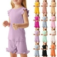thumbnail image 1 of Asxite Toddler Girls Summer Outfits Solid Knit Ribbed Ruffle Short Sleeve Crew Neck Top and Shorts Set 2-8Y, 1 of 7