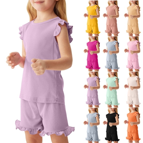 Asxite Toddler Girls Summer Outfits Solid Knit Ribbed Ruffle Short Sleeve Crew Neck Top and Shorts Set 2-8Y