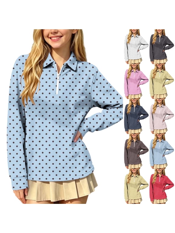 Girls 3-15 Years Polka Print School Uniform Wear Sweater Half Zip Collared Long Sleeve