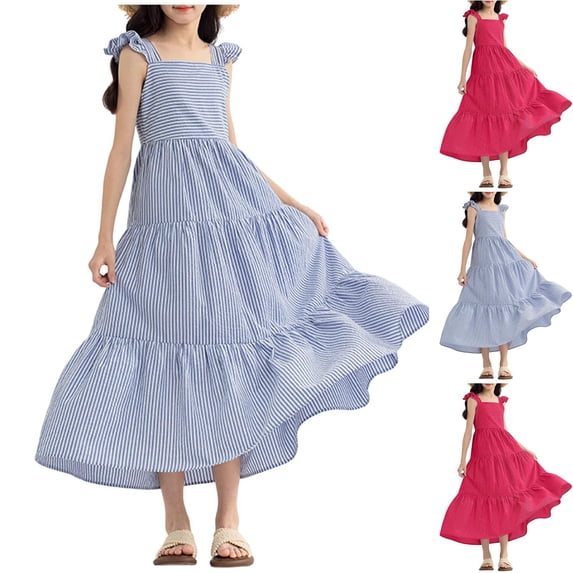 Asxite Girls 7-16 Years Print Striped Ruffle Strap red Dress Casual