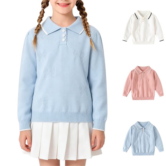 Asxite Girls Bow Tops Collared Long Sleeve Soft Textured Knit Pullover School Sweater Fall Winter 3Y