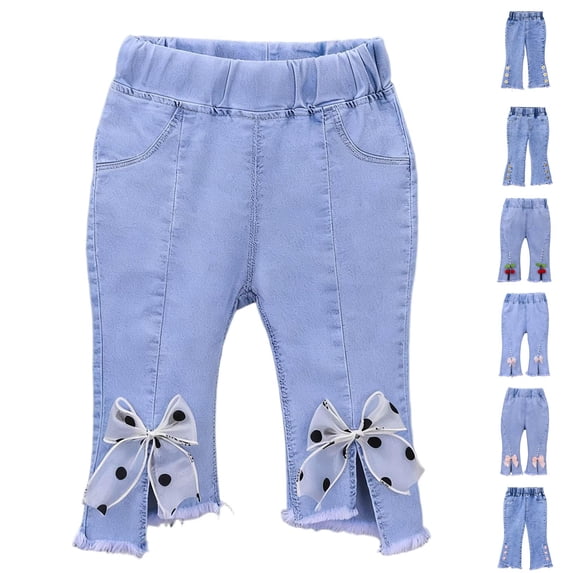 Asxite Toddler Girls Jeans Solid Bow Pearl Flared Cropped Elastic Waist Summer Breathable Pants 1-6Y