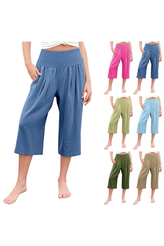 Girls High Waisted Wide Leg Capris Elastic Waist Casual Summer Linen with Pockets 2-12 Y