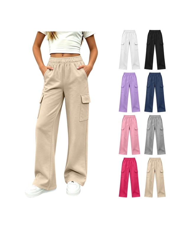 Girls Solid Pants Casual Fall Winter Fleece Lined Multi Pocket Elastic Waist Straight Leg Sweatpants