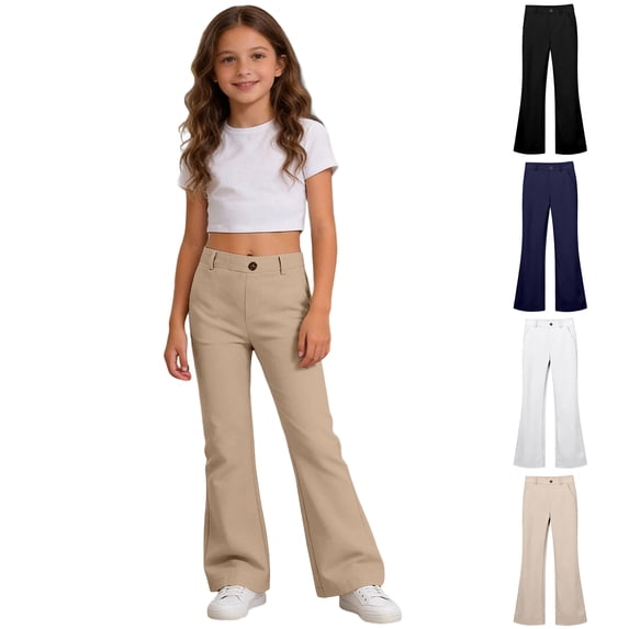 Asxite Girls Solid Pants School Uniform Casual Fall Winter Elastic Waist Flared Leg Bottom