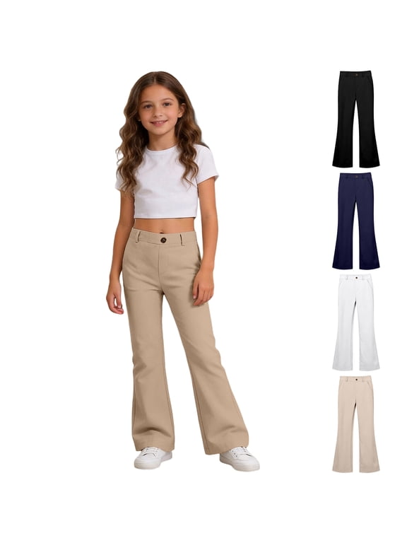 Girls Solid Pants School Uniform Casual Fall Winter Elastic Waist Flared Leg Bottom