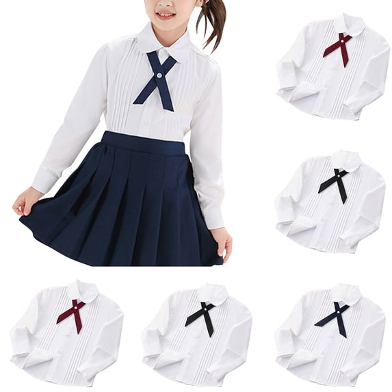 Asxite Girls Solid Tops Cotton Long Sleeve Collared Bow Button White Shirts Fall School Uniform