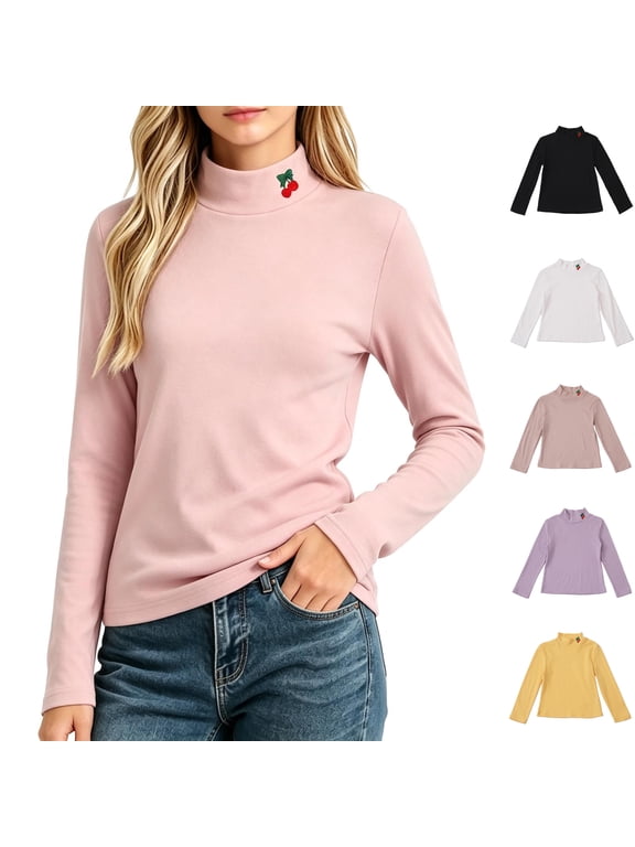 Girls Solid Tops Cotton Long Sleeve Turtleneck T Shirt Fall Winter Embroidery Casual School Uniform