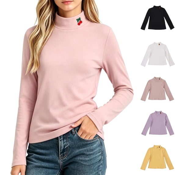Asxite Girls Solid Tops Long Sleeve Turtleneck T Shirt Fall Winter Embroidery Casual School Uniform