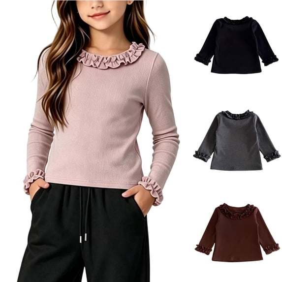 Asxite Girls Solid Tops Crew Neck Long Sleeve Lettuce Cuffs Fleece Lined Thermal Fall Winter Tee