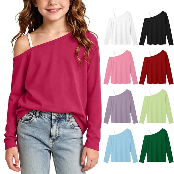 Asxite Girls Solid Tops Crew Neck Long Sleeve Soft Cotton Casual Pullover Fall Winter Tee