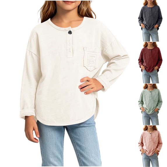 Asxite Girls Solid Tops Crew Neck Long Sleeve Soft Slub Cotton Pullover Casual Fall Tee 2T