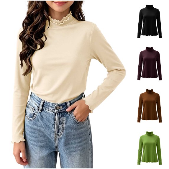Asxite Girls Solid Tops Lettuce Stand Collar Long Sleeve Soft Brushed Cotton Fall Winter Tee