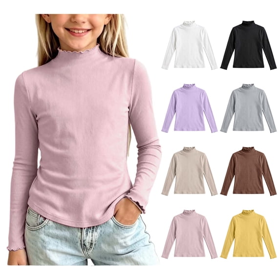 Asxite Girls Solid Tops Mock Neck Long Sleeve Lettuce Cuffs Stretch Cotton Fall Winter Tee 5T