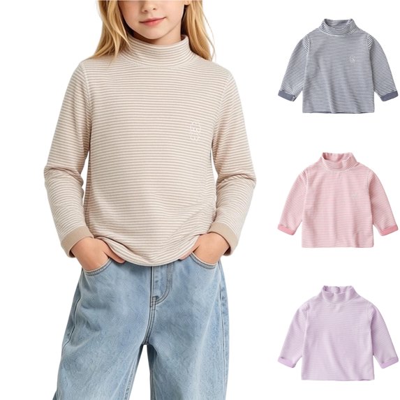 Asxite Girls Striped Tops Mock Neck Long Sleeve Soft Cotton Casual Thermal Fall Winter Tee 9T