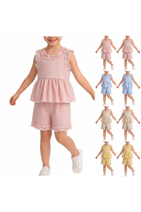 Girls Summer Outfits Casual Sleeveless Ruffle Tank Top Plaid Shorts Set 2 Piece 6 M-4 Y