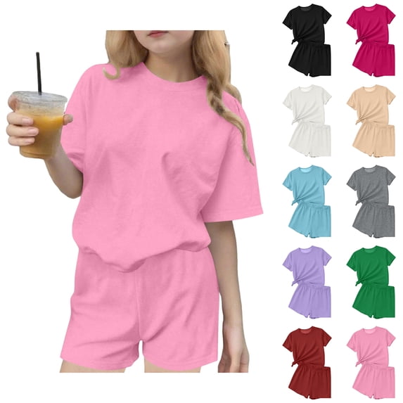 Asxite Girls Summer Outfits Casual Solid Short Sleeve Round Neck Tee Shorts Set 2 Piece 3-15 Y