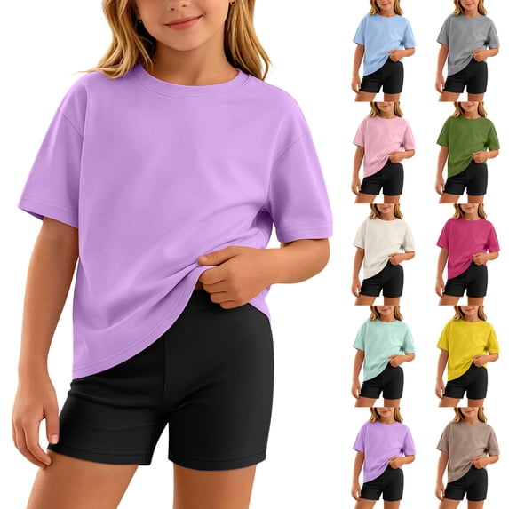 Asxite Girls Summer Outfits Casual Solid Short Sleeve Tee Biker Shorts Set 2 Piece 5-14 Y