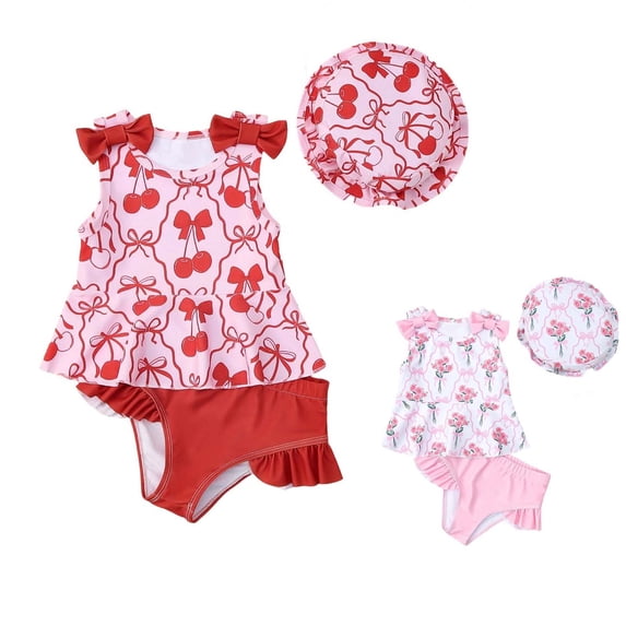 Asxite Girls Summer Printed Swimsuit with Cap for Age 1-3Y 3 Piece