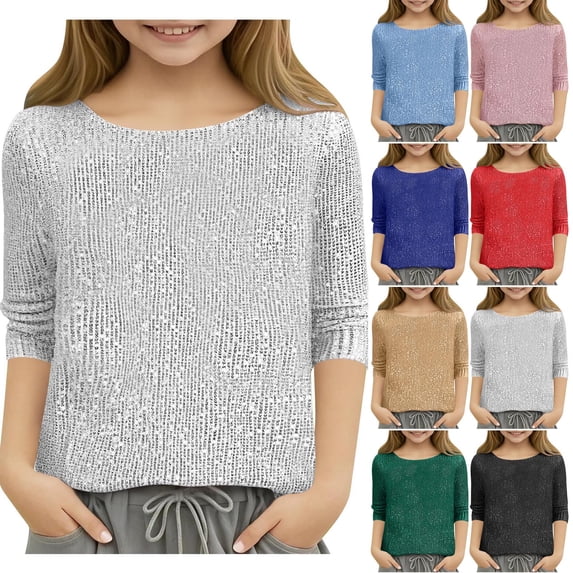Asxite Girls Tops Sequin Long Sleeve Round Neck Lined Pullover Blouse Top for 5-15 Y