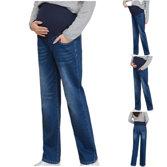 Asxite Maternity Pants Over Belly Jeans Solid High Waist Pocketed Stretch Denim Full Length Pregnant Women