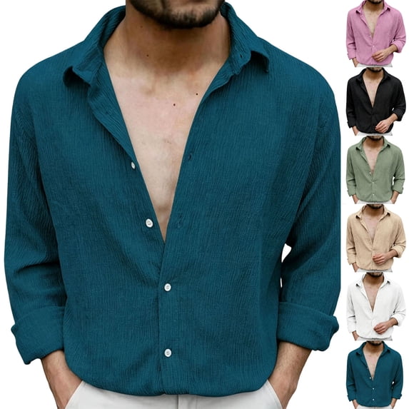 Asxite Men Plus Size Summer Tops Collared Long Sleeve Breathable Crinkle Texture Solid Button Down Shirts