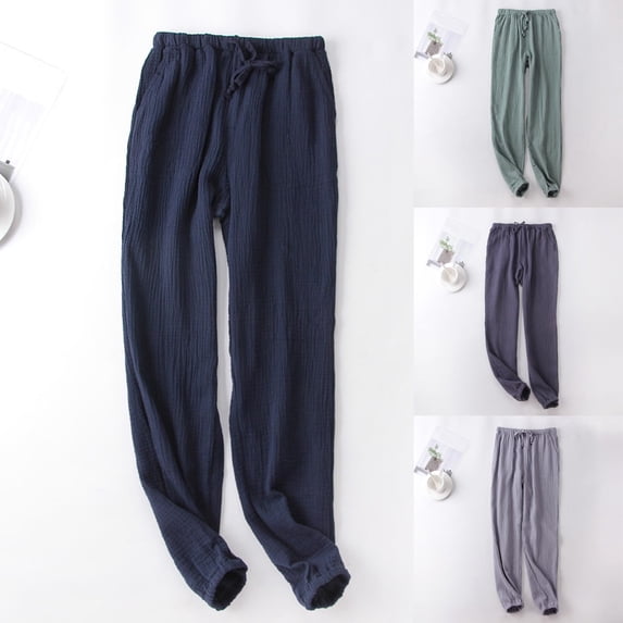 Asxite Mens Pajama Pants Solid Crinkle Fabric Casual Home Long Elastic Cuff Sleep Pants