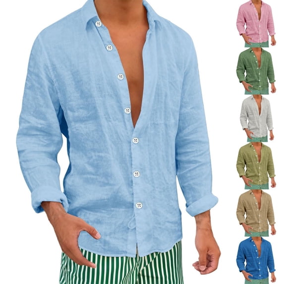 Asxite Mens Plus Size Tops Fall Solid Cotton Linen Button Down Long Sleeve Shirts