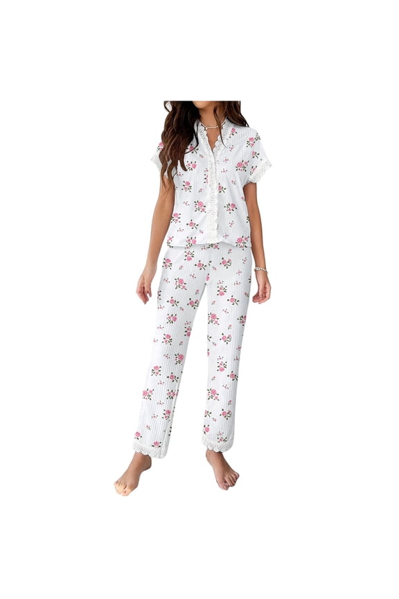 Pajamas for Women Set Solid Floral Print Lace Spliced Short Sleeve Top with Print Long Pants Loungewear 2 Piece