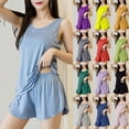 thumbnail image 1 of Asxite Pajamas for Women Set Solid Loose Sleeveless Ruffle Hem Camisole Elastic Waist Shorts Loungewear 2 Piece, 1 of 5